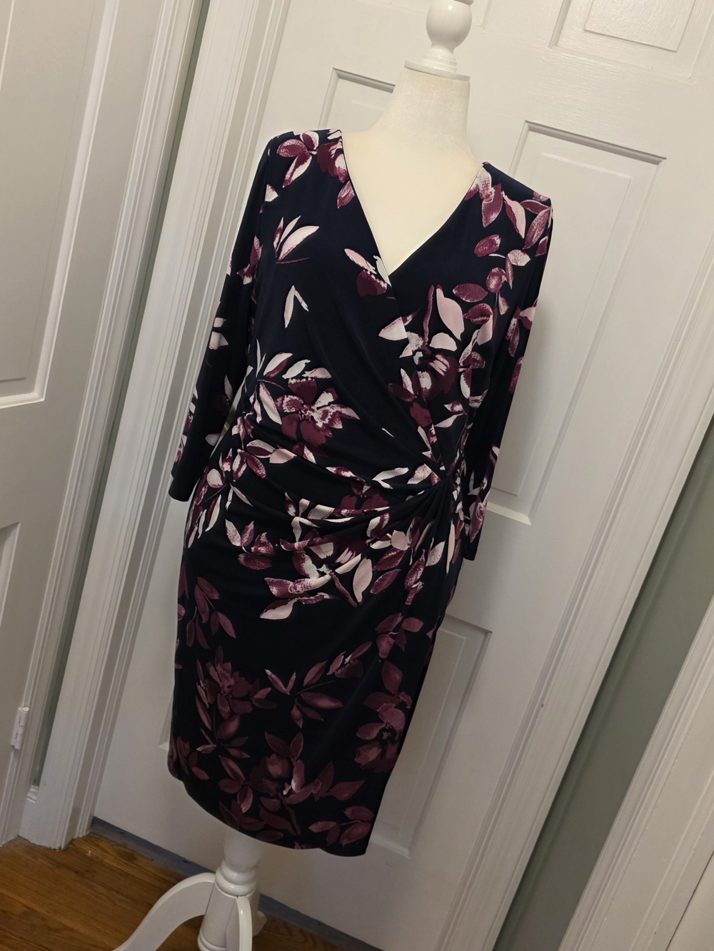 Lauren Ralph Lauren Navy Wrap Midi Dress with Plum Floral Print
